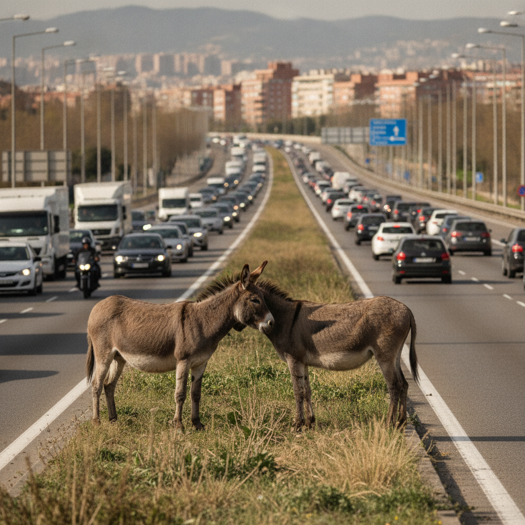 Dos burros extraviats de Collserola tallen la circulació a la Ronda de Dalt de Barcelona