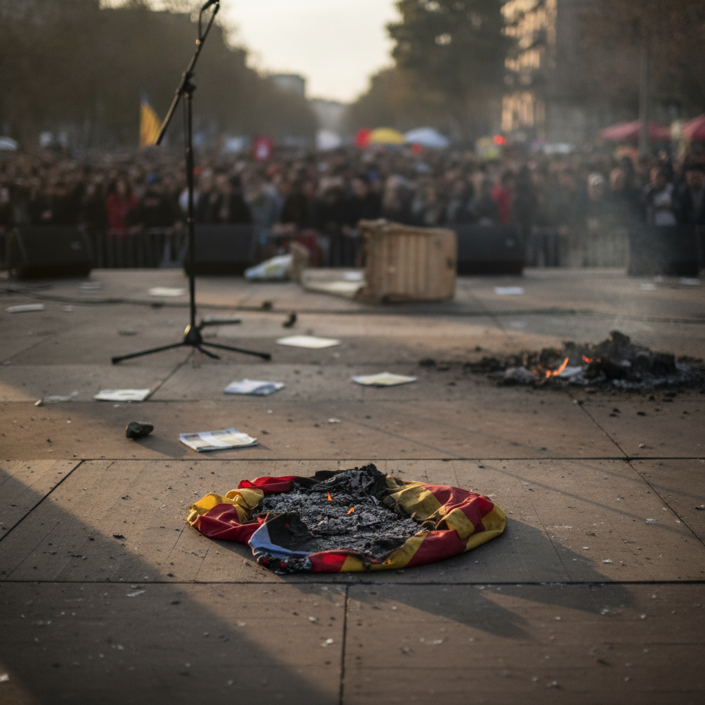 Dos encapuchados queman una bandera de España en la manifestación independentista de Barcelona
