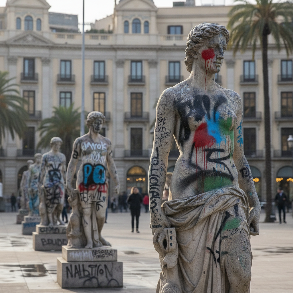 Barcelona actuará "lo más pronto posible" para limpiar las esculturas vandalizadas de Plaza Catalunya
